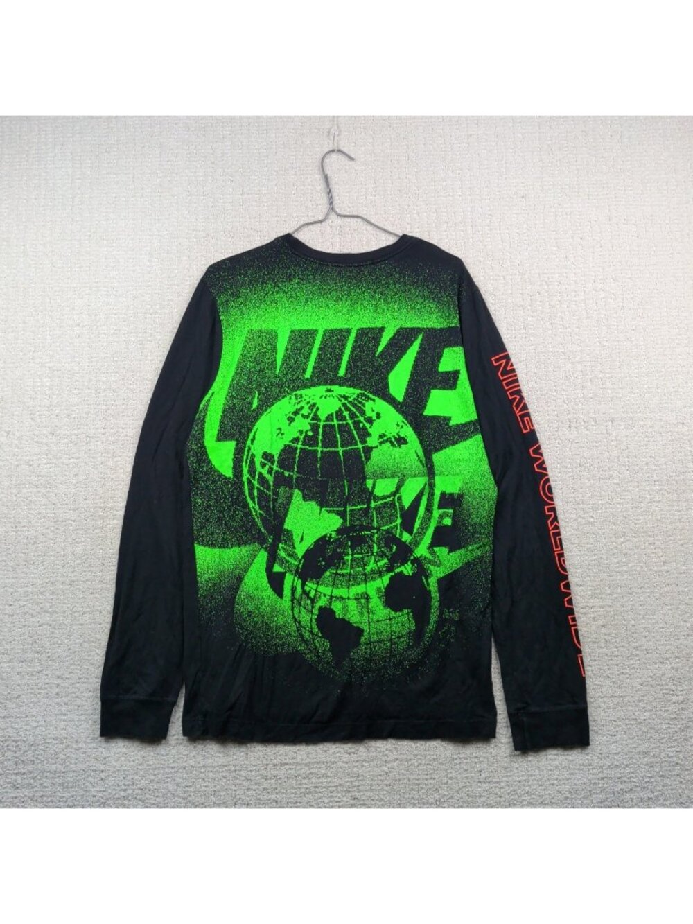 Y2K Nike Worldwide Long Sleeve Shirt Mens Size M Tee Black / Green Globe Cyber